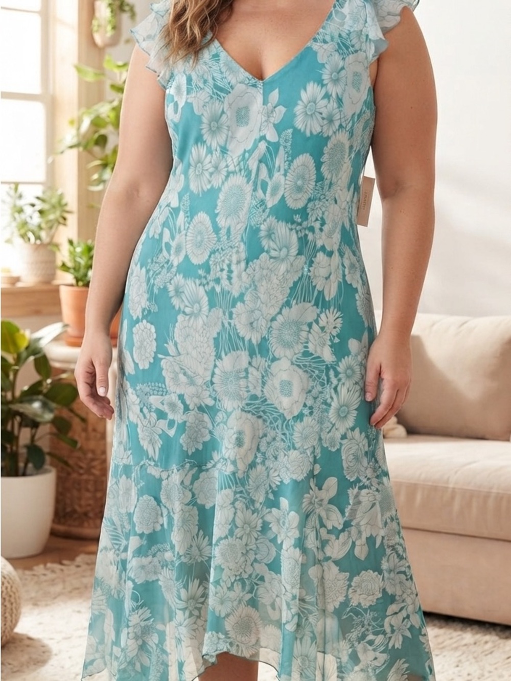 Jonathan Martin Silk Dress.  20W NEW.  Handkerchief feminine, Dreamy Aqua Flowy